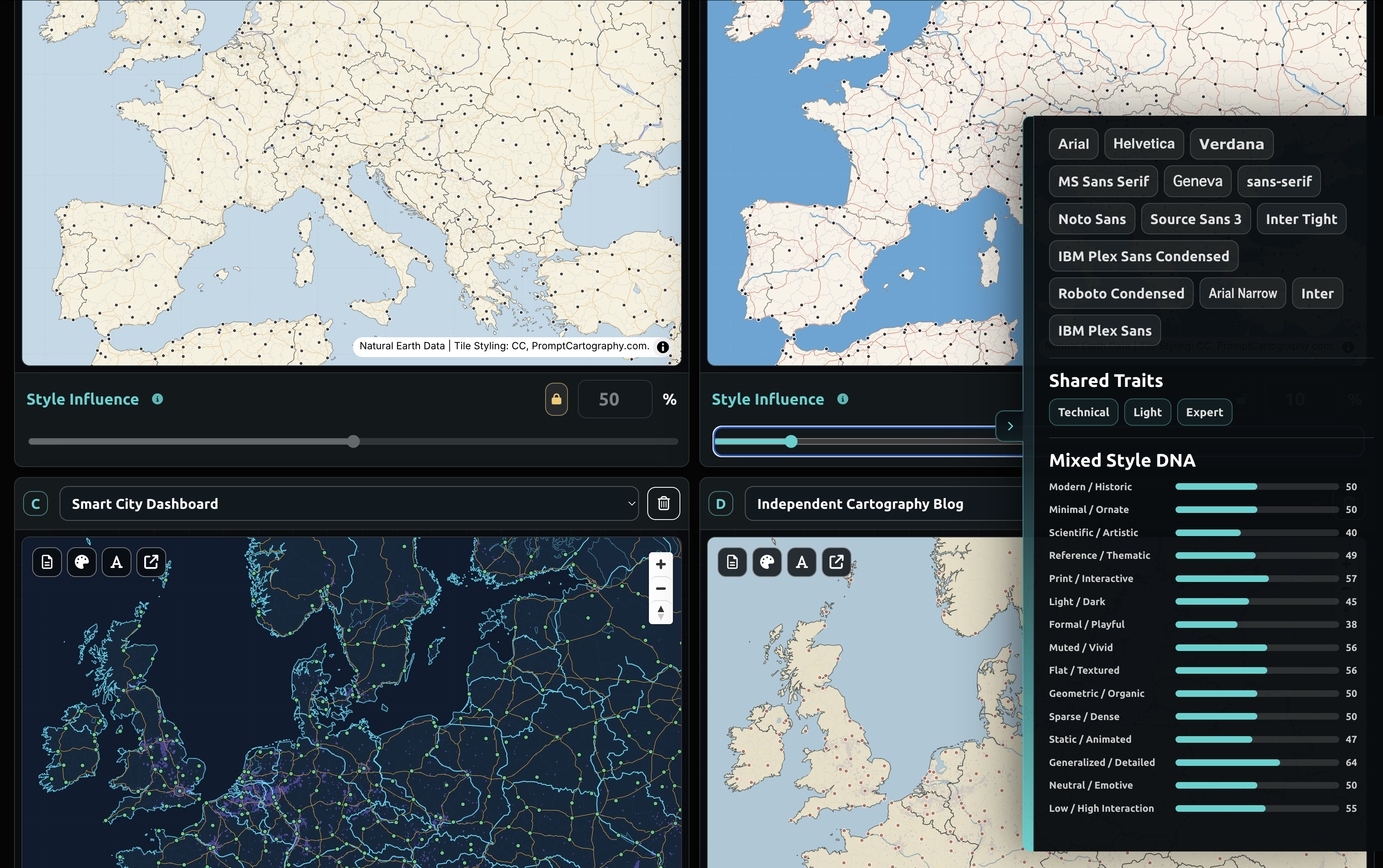 Prompt Cartography map design schema builder showing blended parent styles, mixed style DNA, font traits, and preview maps.