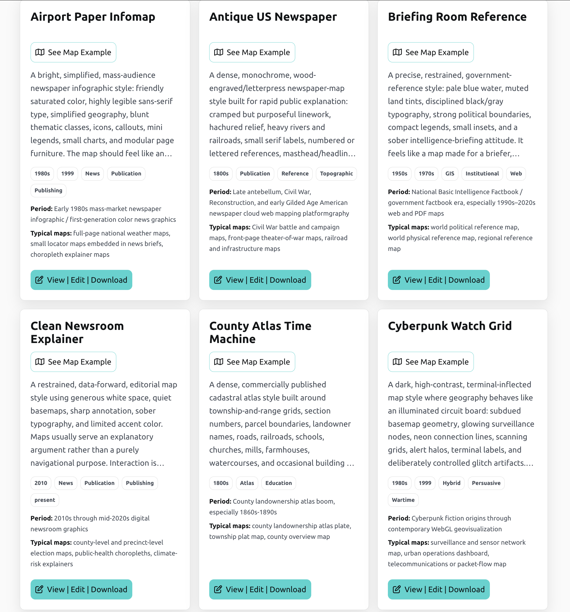 Prompt Cartography design schema cards shown in a browser grid.