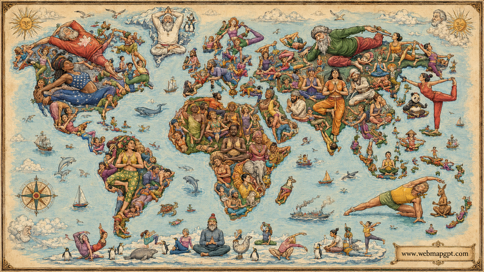 Detailed illustrated world map poster made from yoga poses and people, framed in a vintage map style.