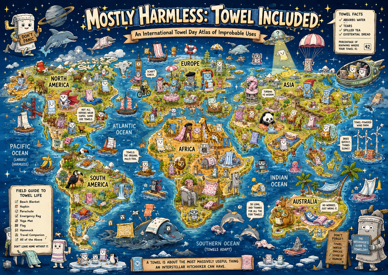 A funny, densely illustrated Wimmelbild-style world map celebrating International Towel Day, with towels used as capes, sails, parachutes, picnic blankets, hammocks, emergency rags, alien gear, and spaceship accessories around the world.